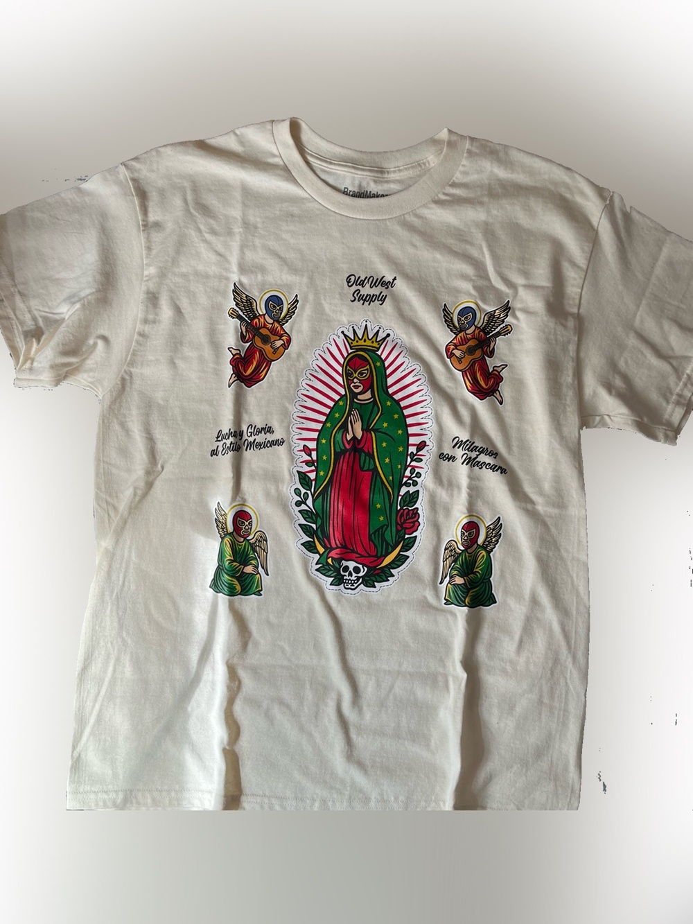 Old West Cream Graphic Tee with Red & Green Guadalupe Art
